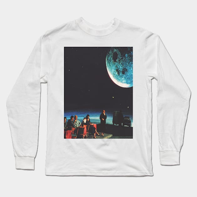 Moonlit Diner,Retro Style Illustration of People Dining Under a Giant Moon Long Sleeve T-Shirt by Banyu_Urip